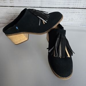 Toms Black Suede Tassel Mules with Wooden Block Heel Woman Size 7